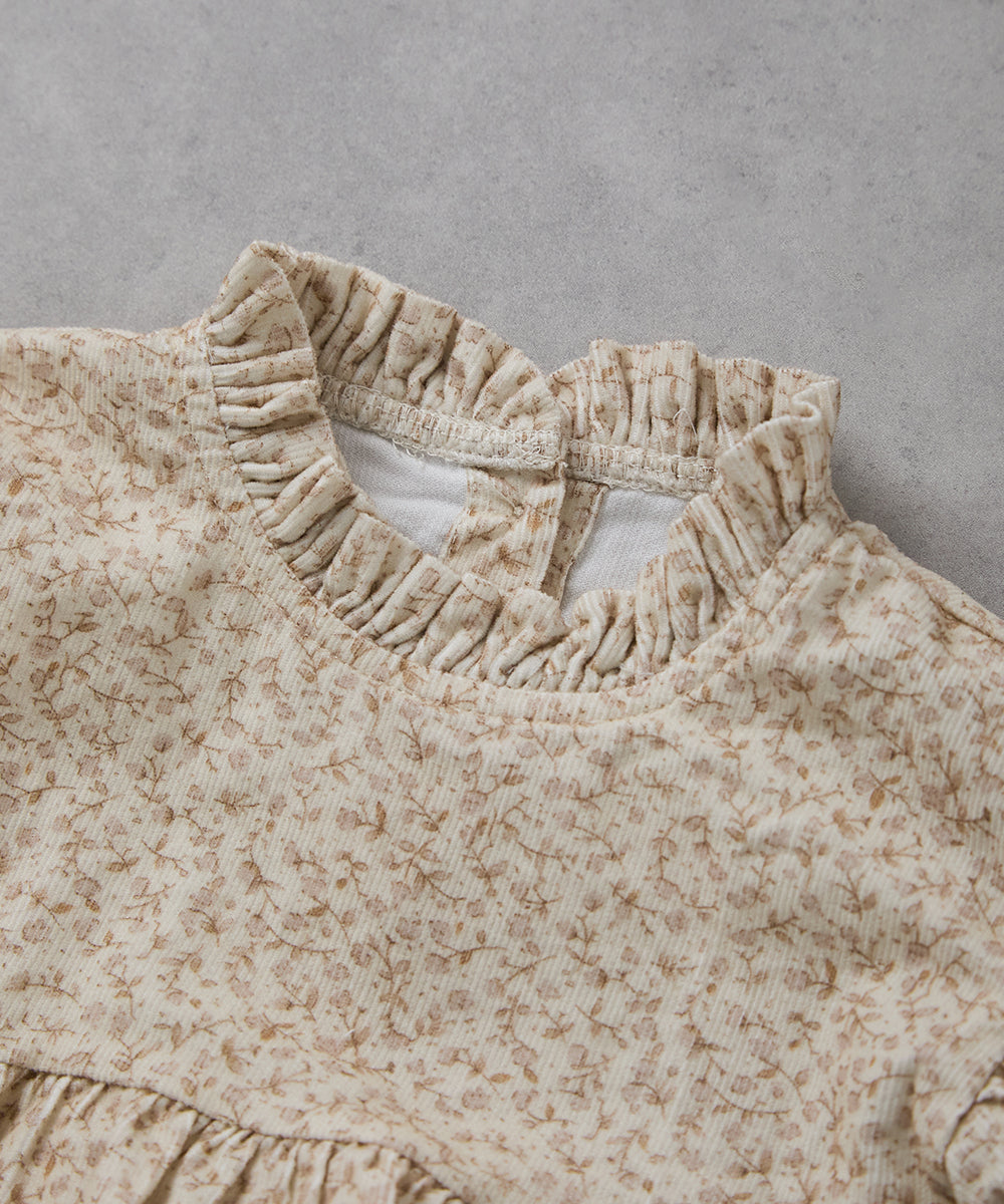 【リンクコーデ】ボンネット付きフラワーコーデュロイフリルロンパース