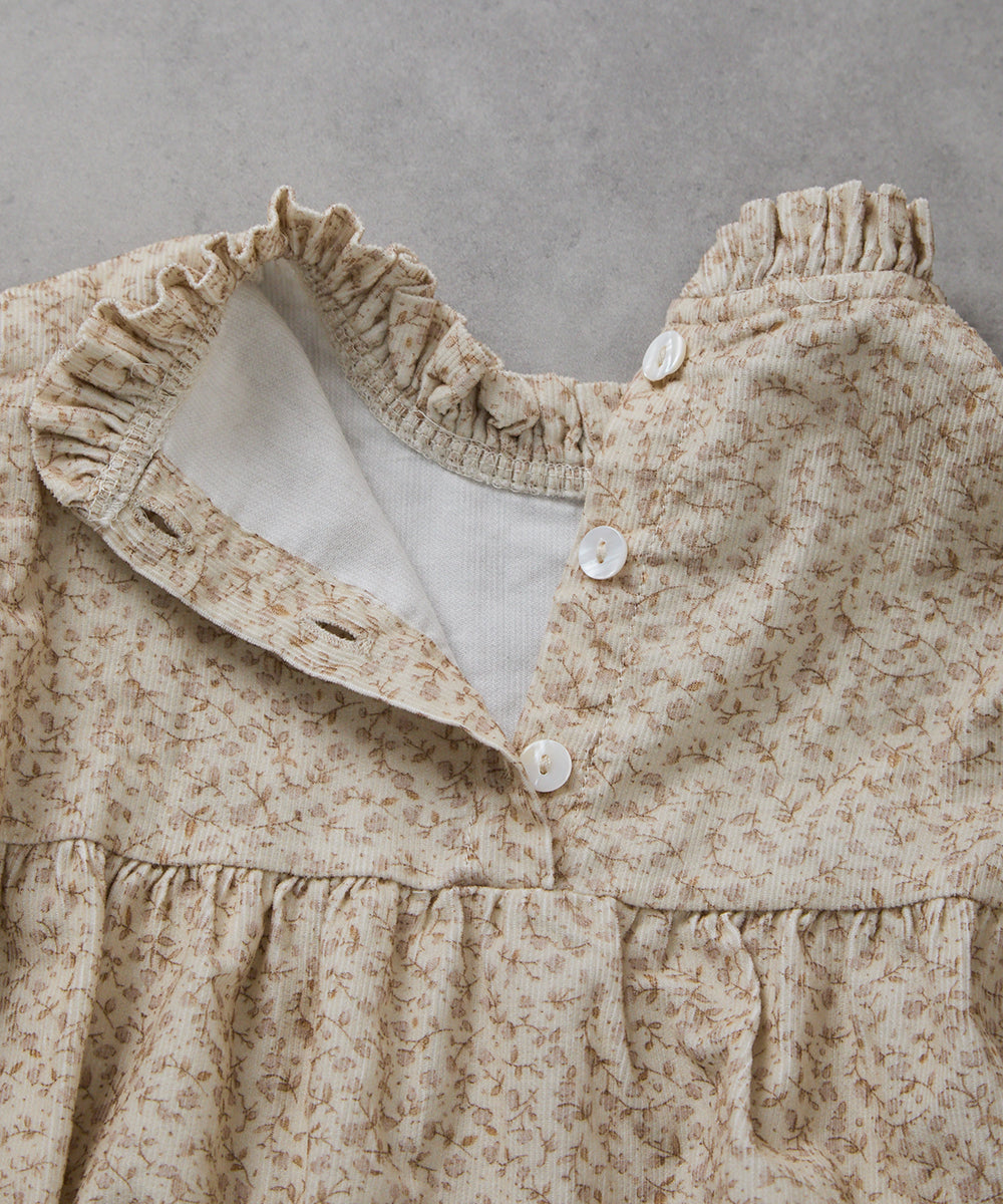 【リンクコーデ】ボンネット付きフラワーコーデュロイフリルロンパース