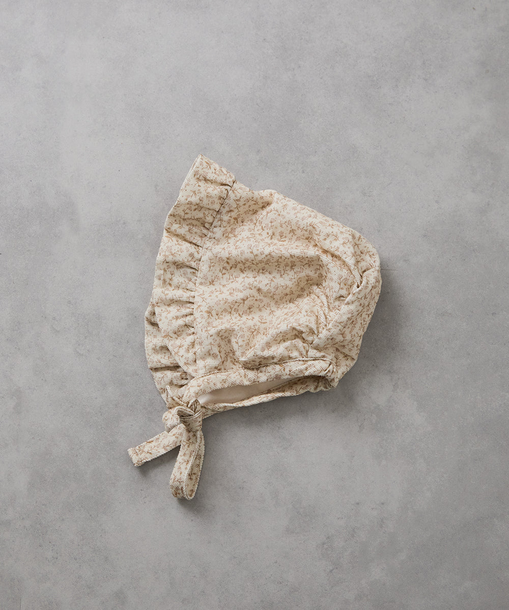 【リンクコーデ】ボンネット付きフラワーコーデュロイフリルロンパース