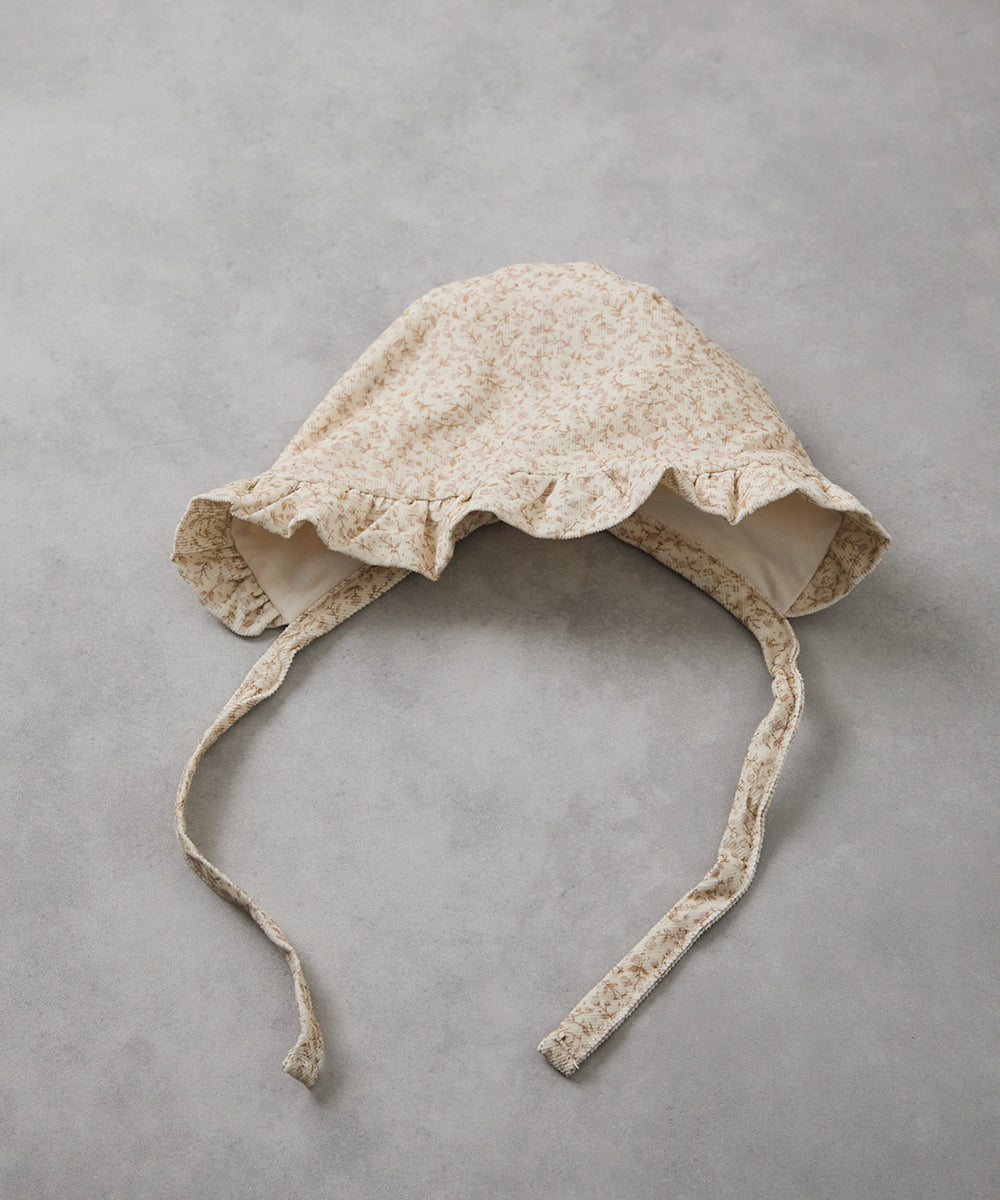 【リンクコーデ】ボンネット付きフラワーコーデュロイフリルロンパース