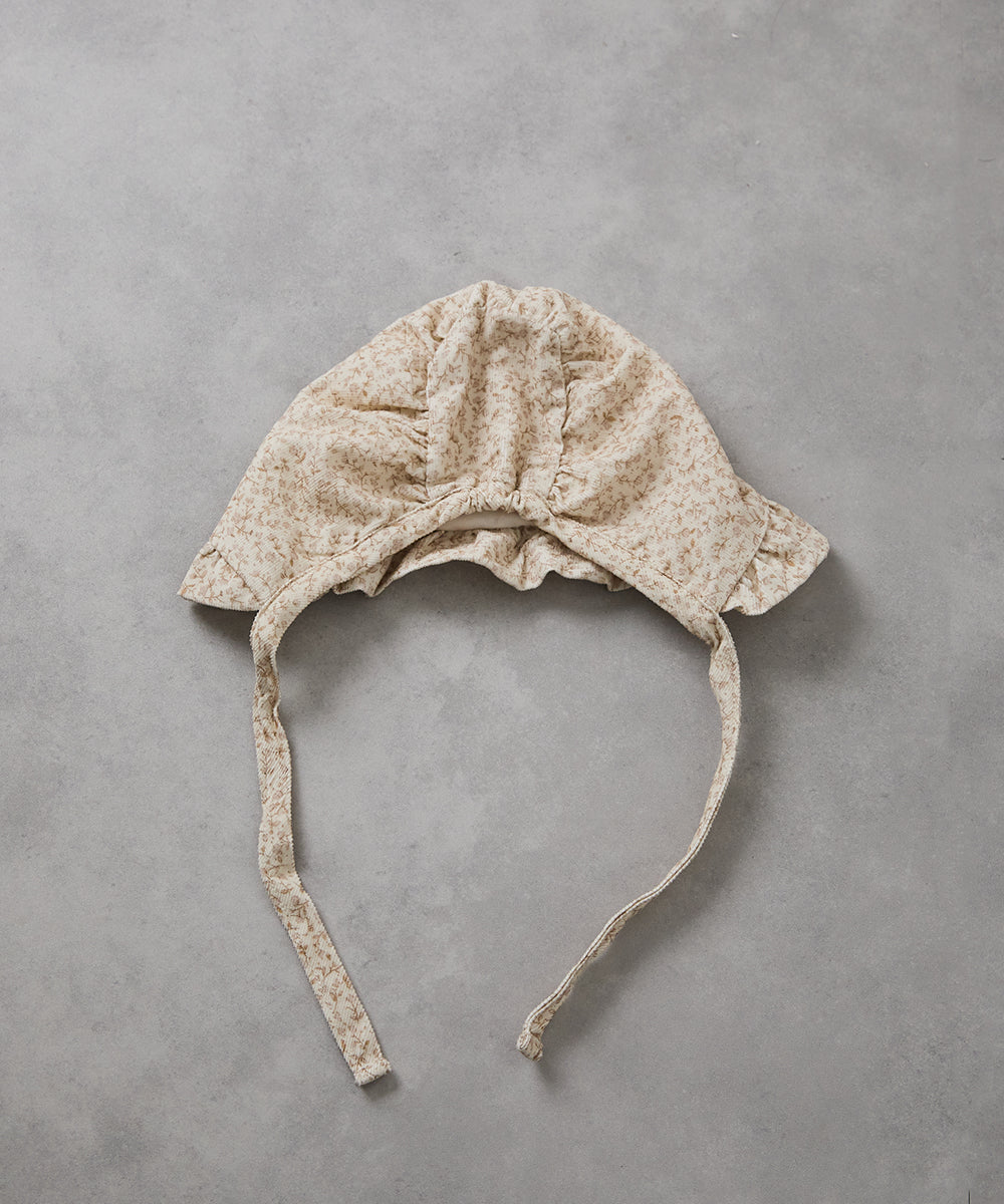 【リンクコーデ】ボンネット付きフラワーコーデュロイフリルロンパース