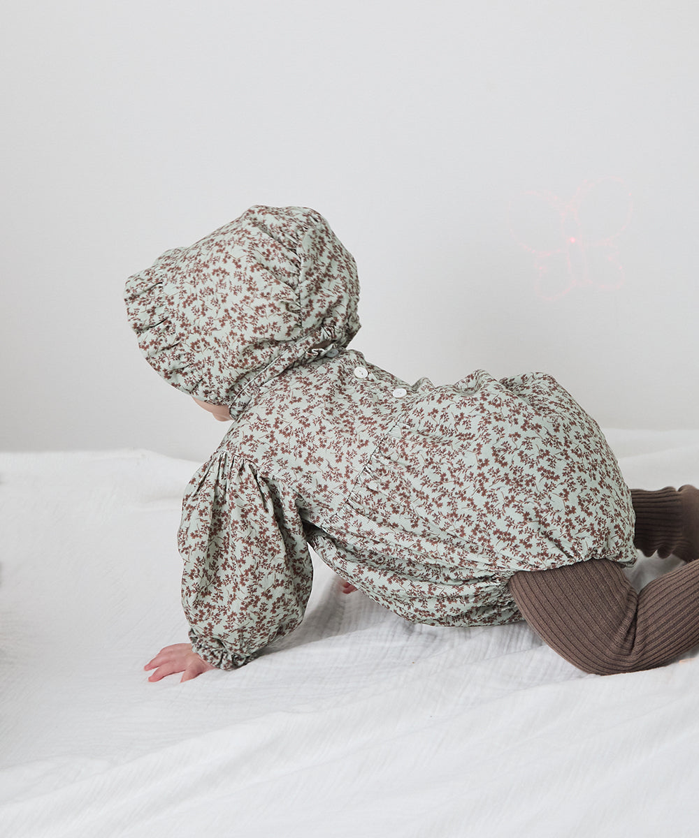 【リンクコーデ】ボンネット付きフラワーコーデュロイフリルロンパース