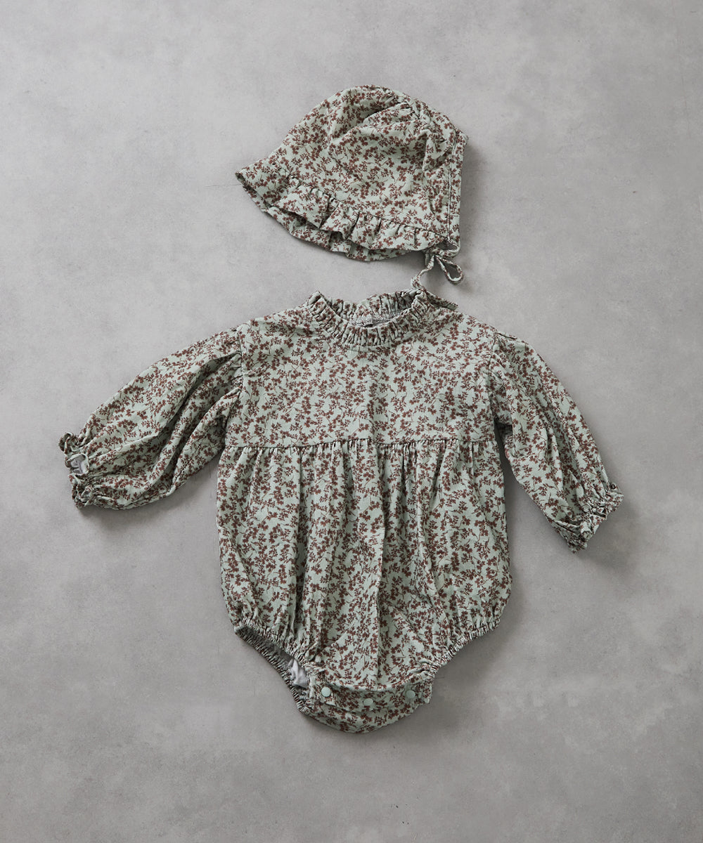 【リンクコーデ】ボンネット付きフラワーコーデュロイフリルロンパース