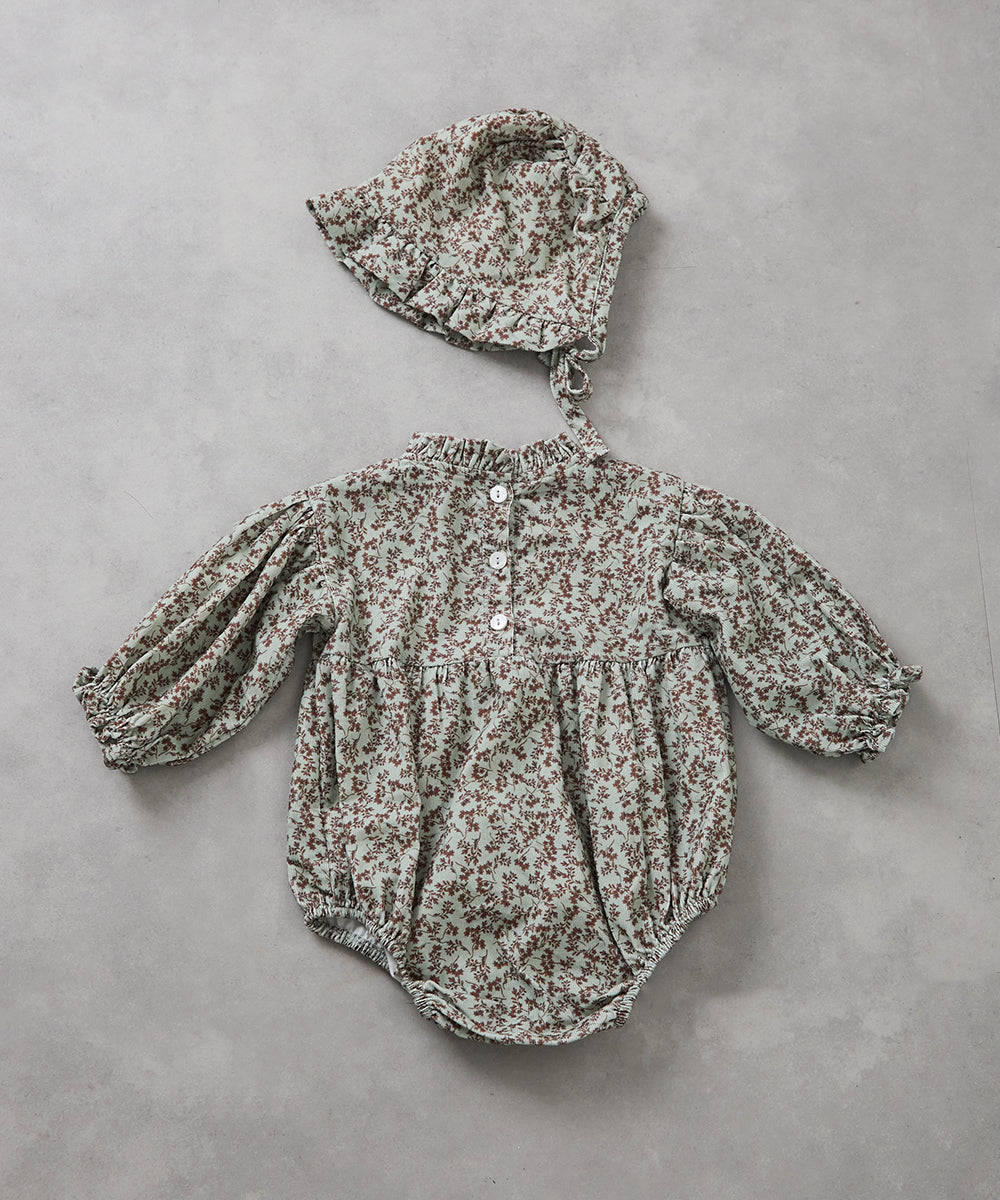 【リンクコーデ】ボンネット付きフラワーコーデュロイフリルロンパース