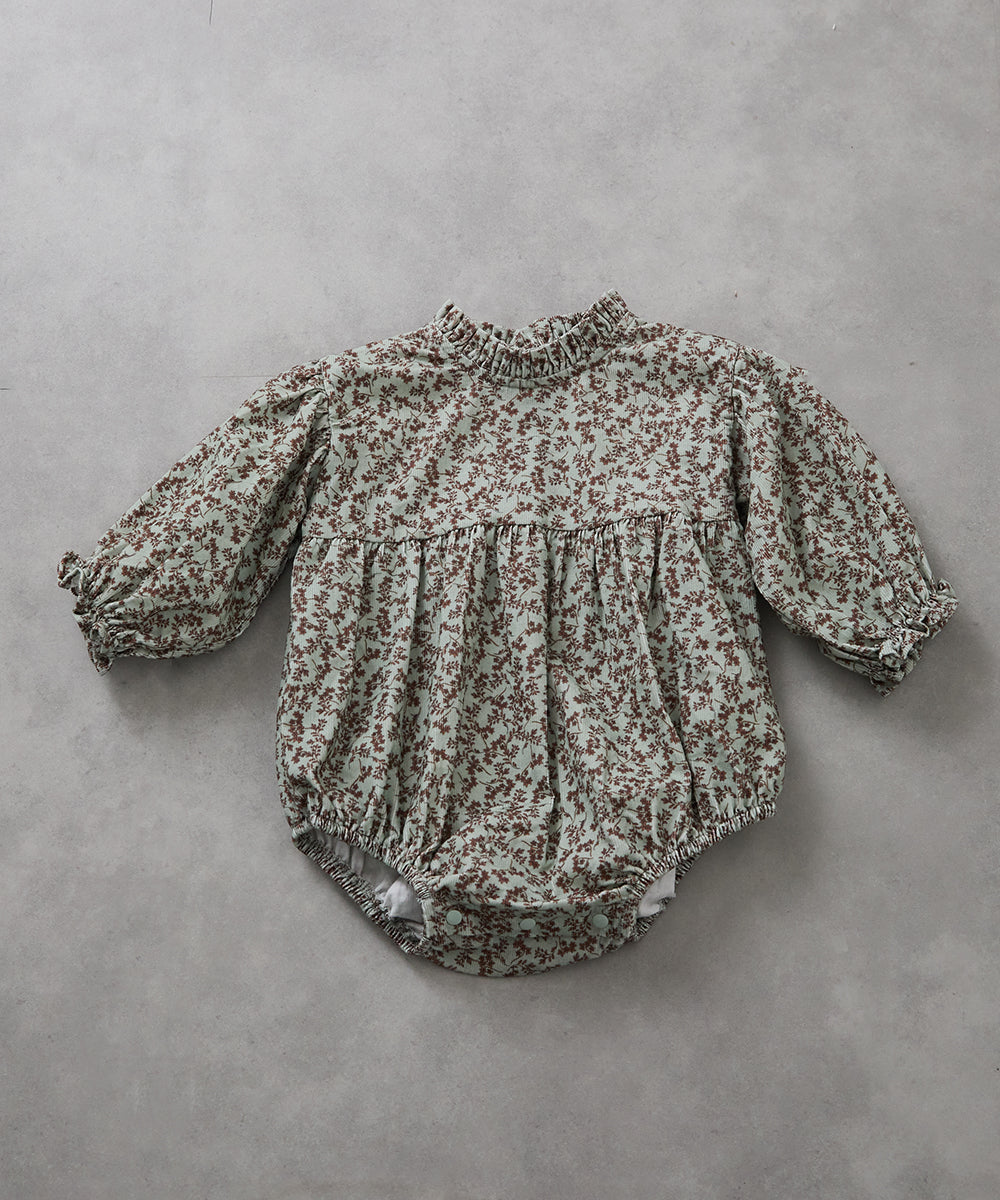 【リンクコーデ】ボンネット付きフラワーコーデュロイフリルロンパース