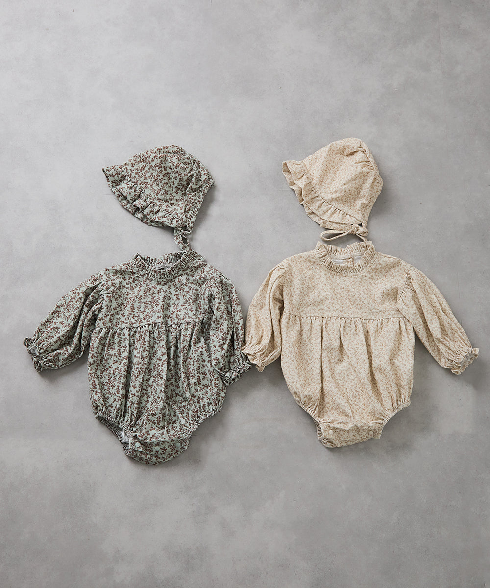 【リンクコーデ】ボンネット付きフラワーコーデュロイフリルロンパース