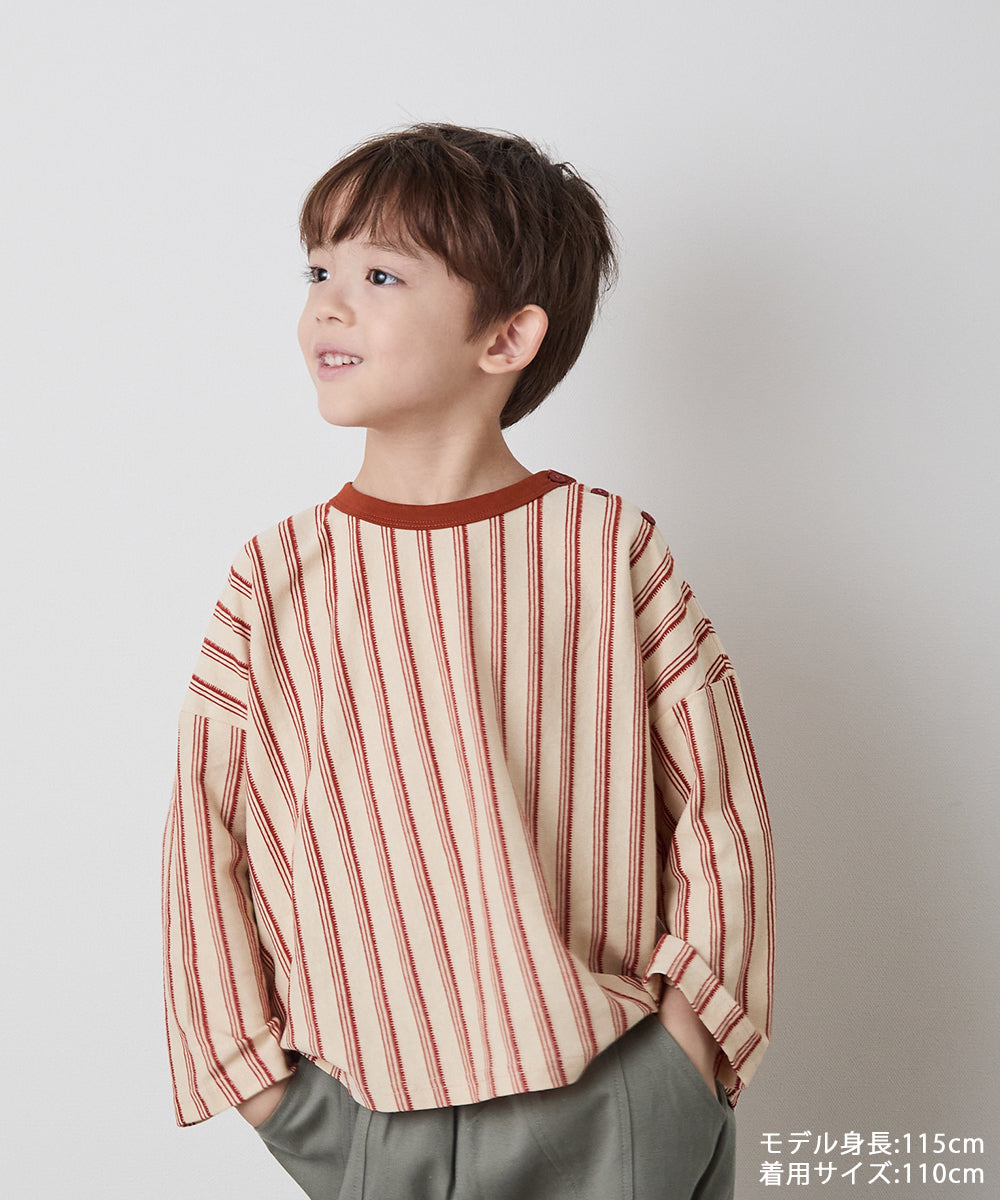 【リンクコーデ】ボタンデザインストライプロングスリーブTシャツ