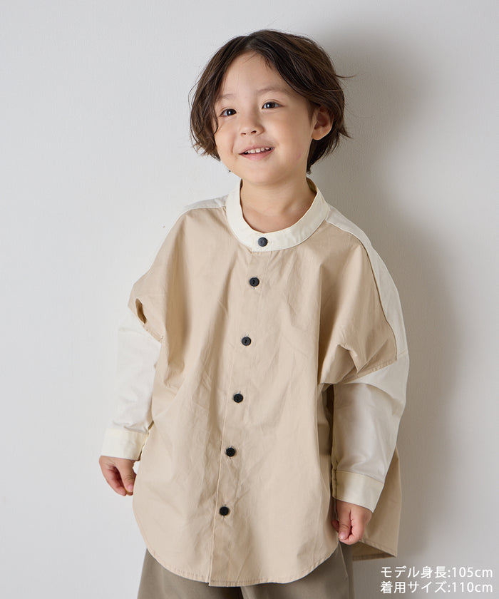 ピュアコットンバンドカラー配色シャツ（ボタン取り外し対応）
