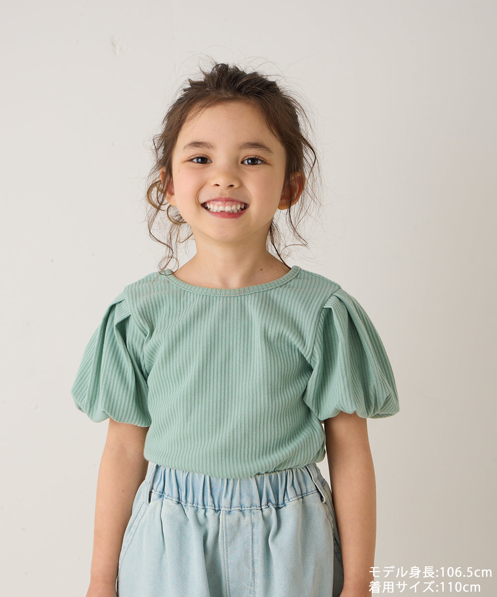 バッククロスパフスリーブリブTシャツ