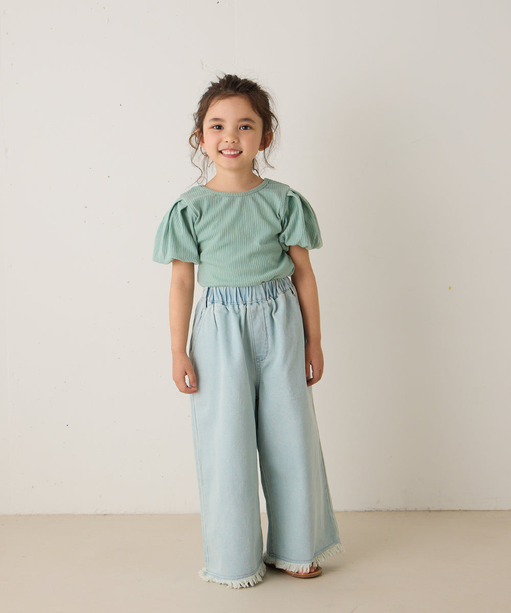 バッククロスパフスリーブリブTシャツ