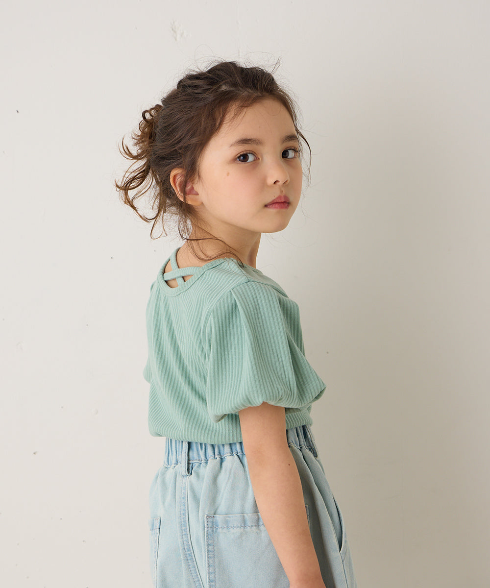 バッククロスパフスリーブリブTシャツ