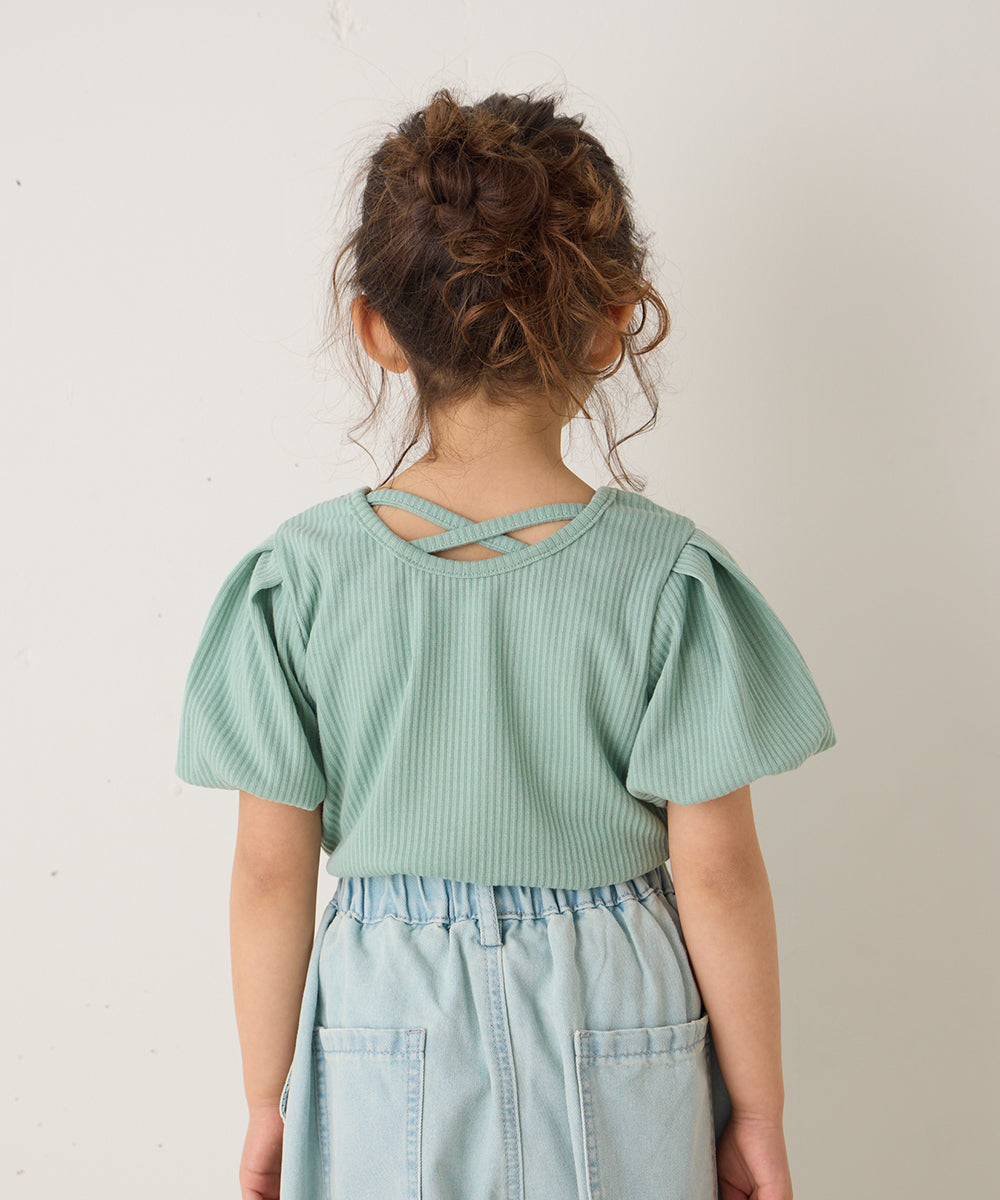 バッククロスパフスリーブリブTシャツ