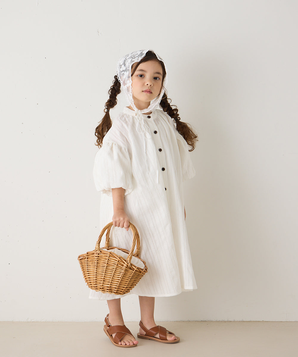 バンドカラー5分袖バルーンスリーブロングワンピース