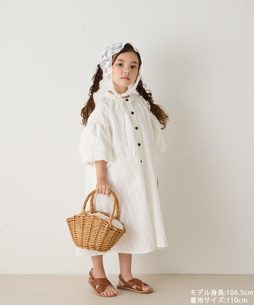 バンドカラー5分袖バルーンスリーブロングワンピース