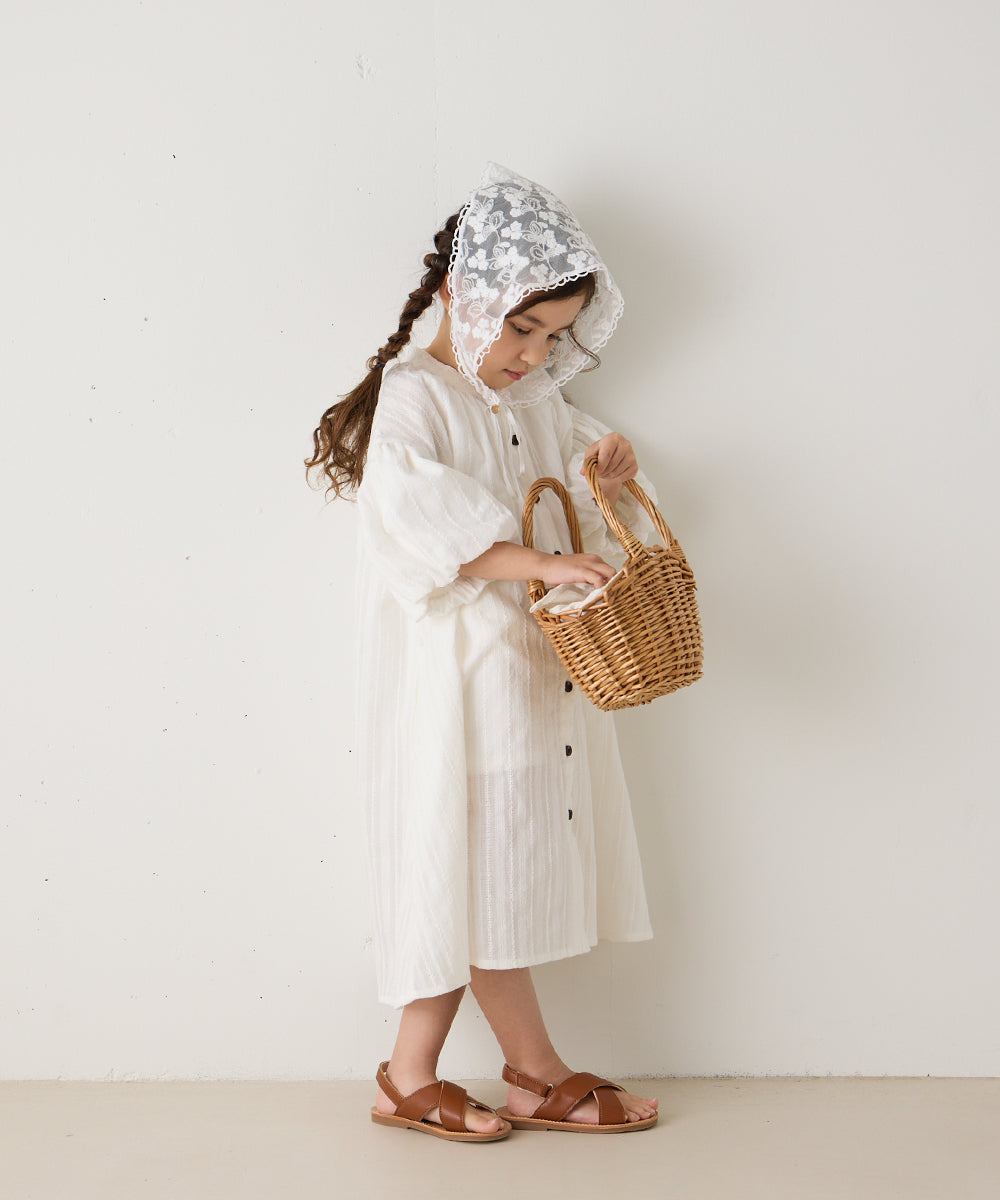 バンドカラー5分袖バルーンスリーブロングワンピース