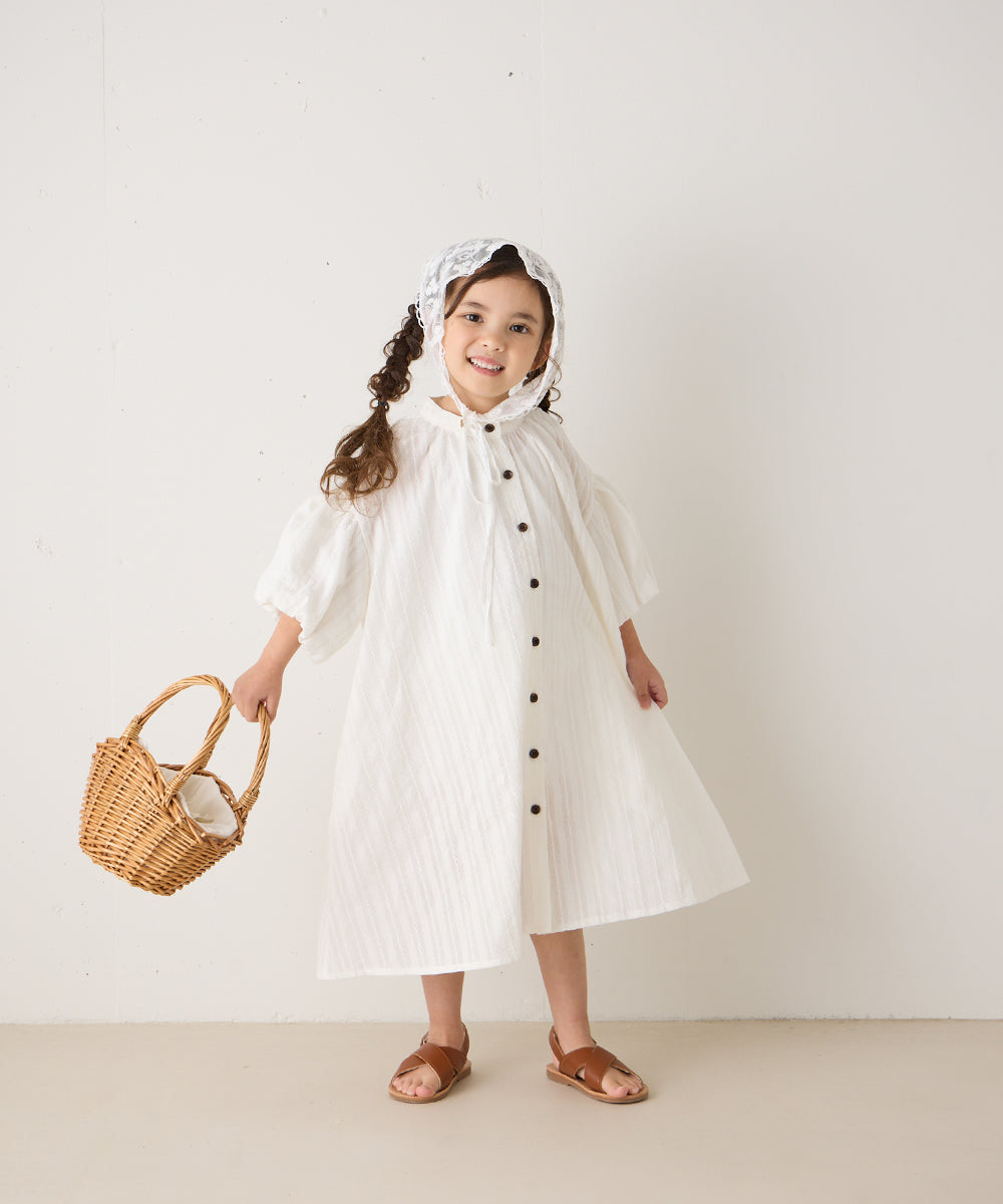 バンドカラー5分袖バルーンスリーブロングワンピース