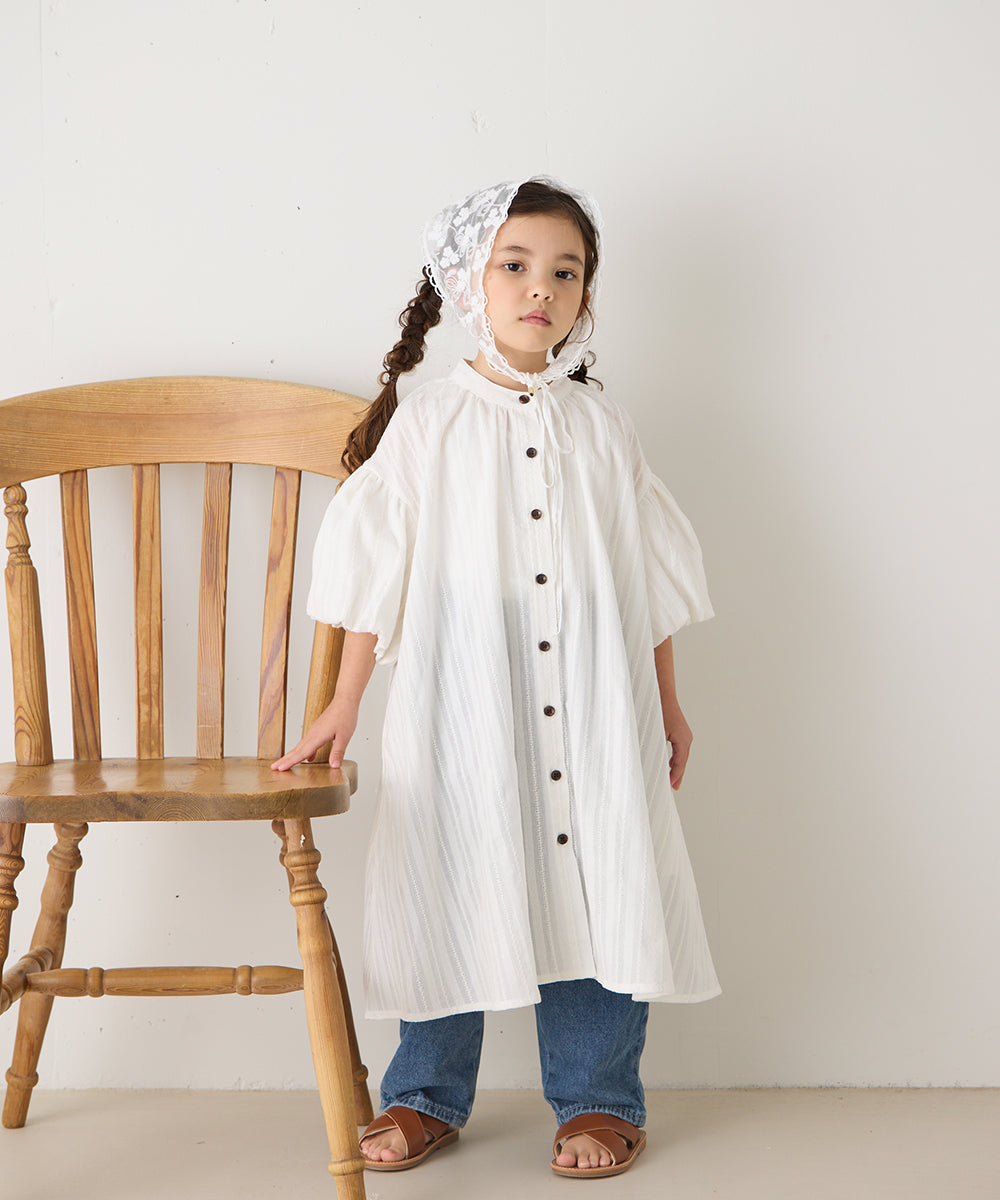 バンドカラー5分袖バルーンスリーブロングワンピース