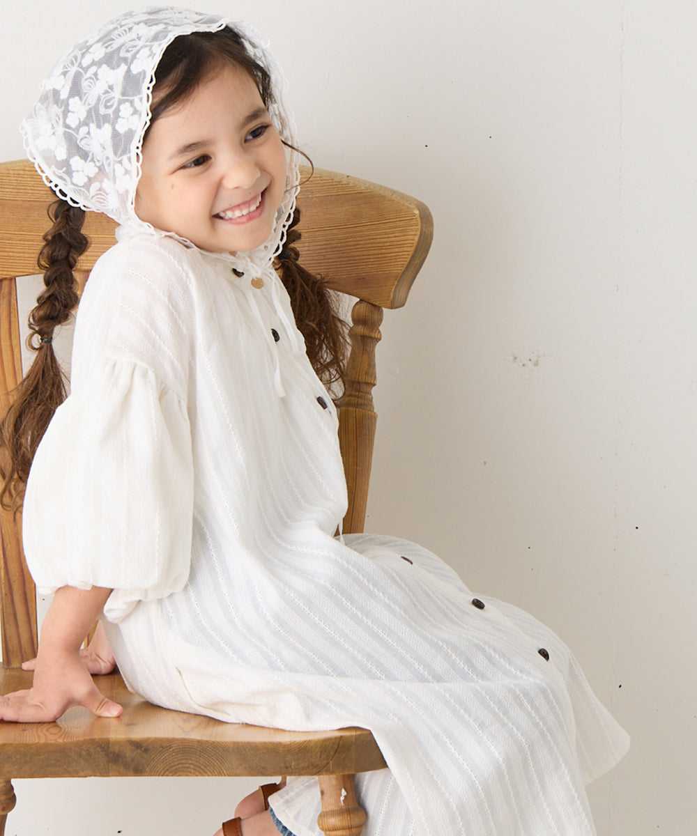 バンドカラー5分袖バルーンスリーブロングワンピース