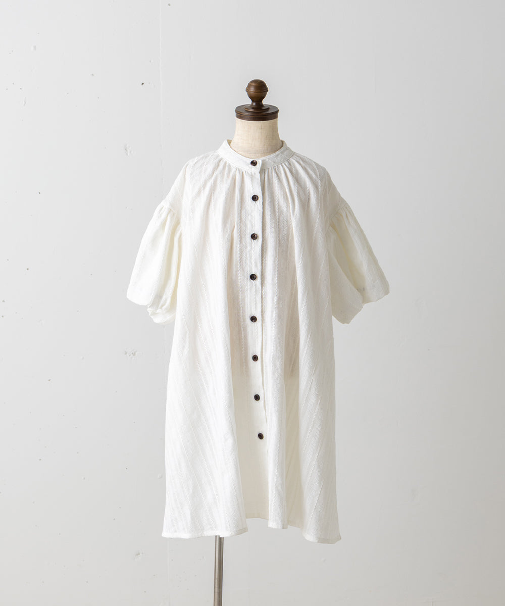 バンドカラー5分袖バルーンスリーブロングワンピース