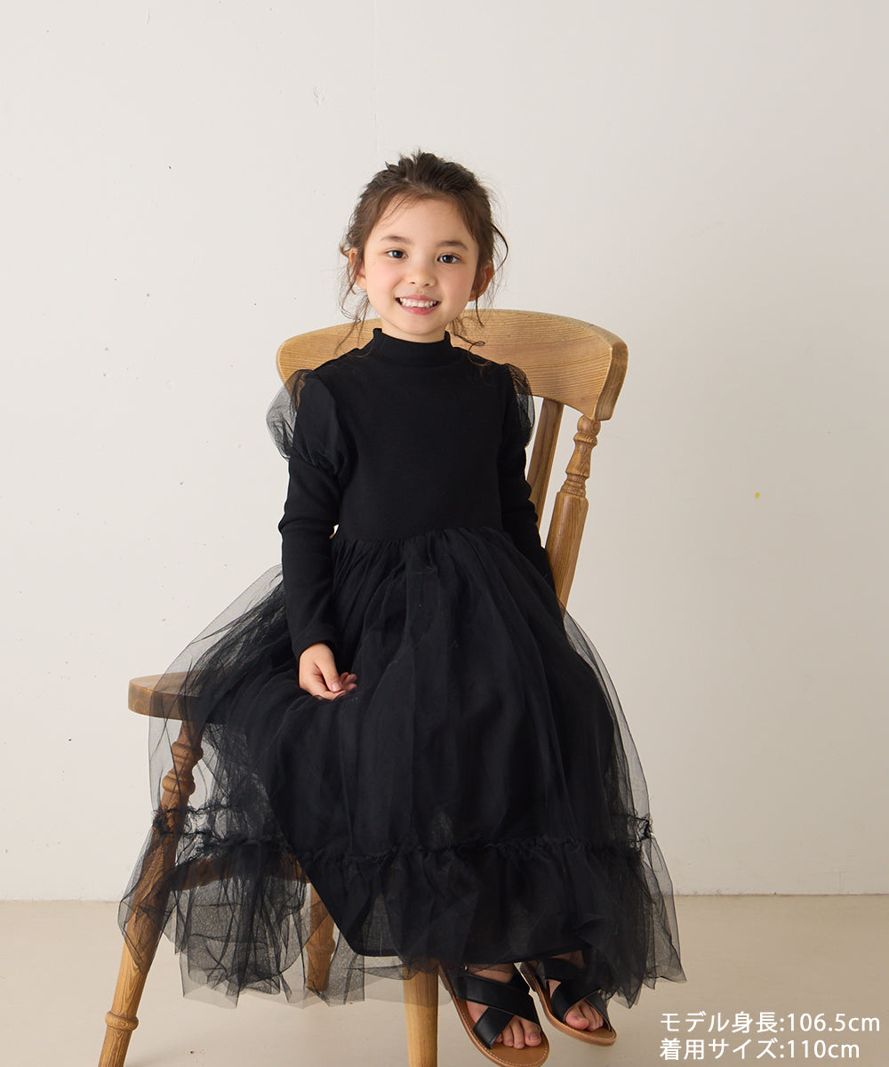 チュールパフスリーブドッキングワンピース