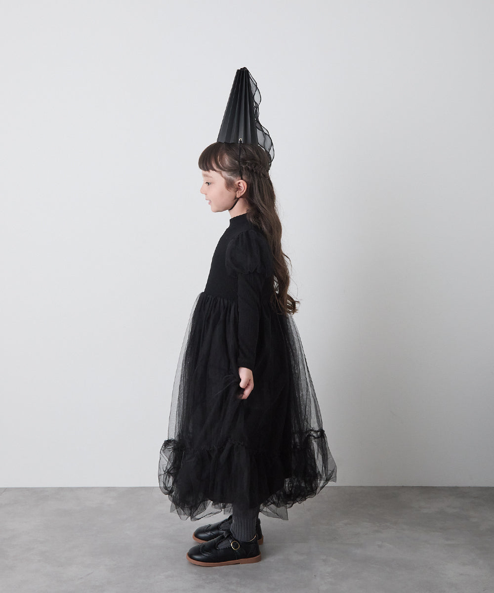 チュールパフスリーブドッキングワンピース