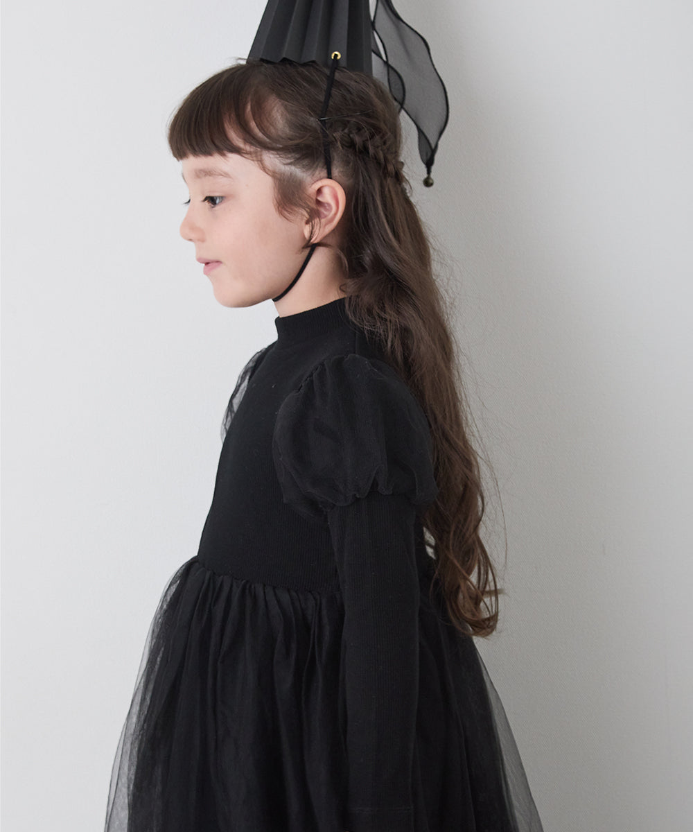 チュールパフスリーブドッキングワンピース