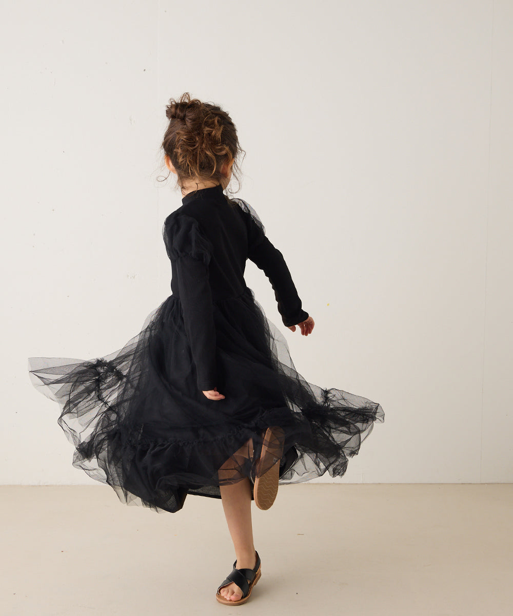 チュールパフスリーブドッキングワンピース