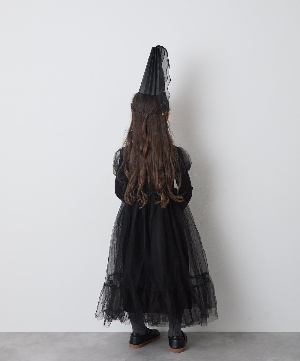 チュールパフスリーブドッキングワンピース