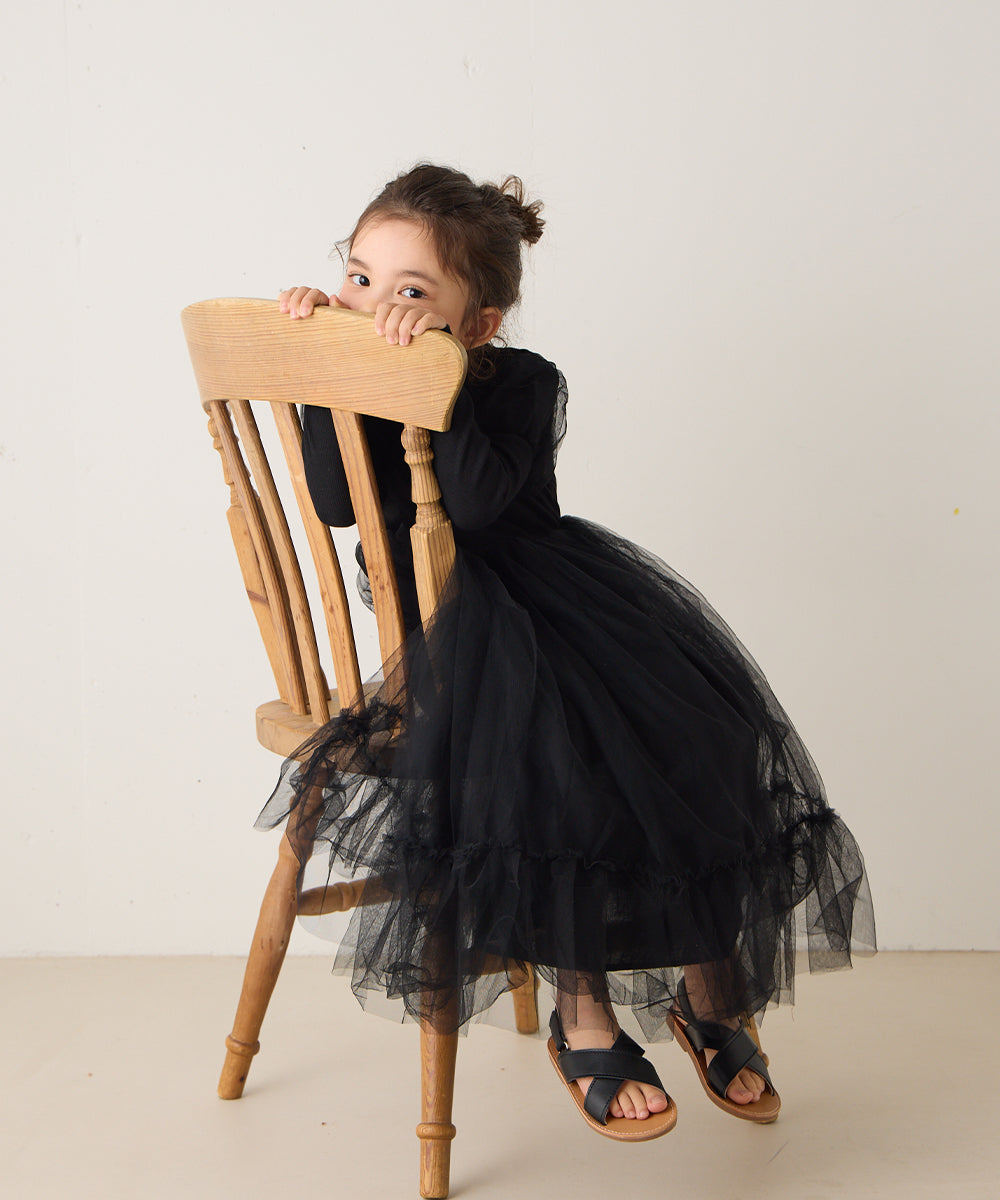 チュールパフスリーブドッキングワンピース