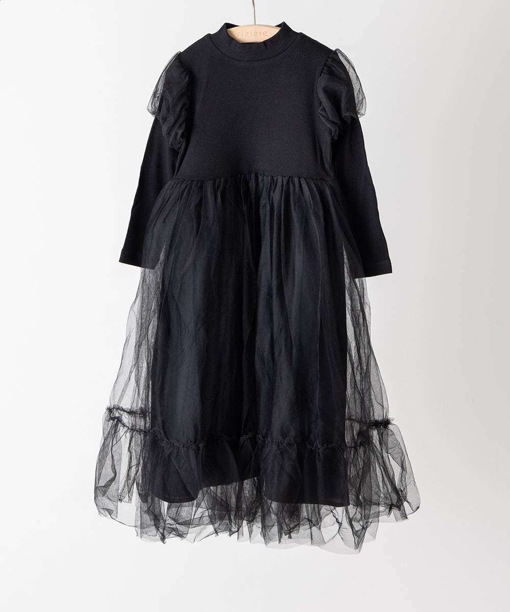 チュールパフスリーブドッキングワンピース