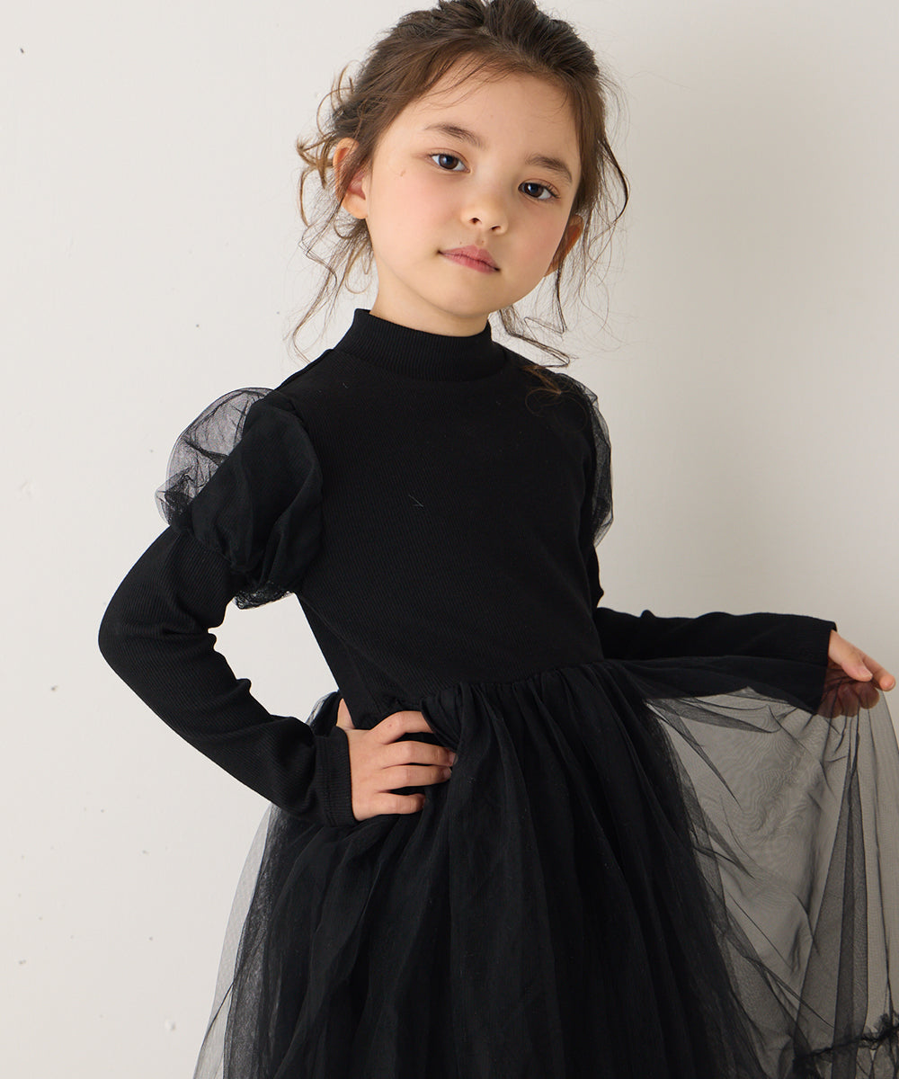 チュールパフスリーブドッキングワンピース