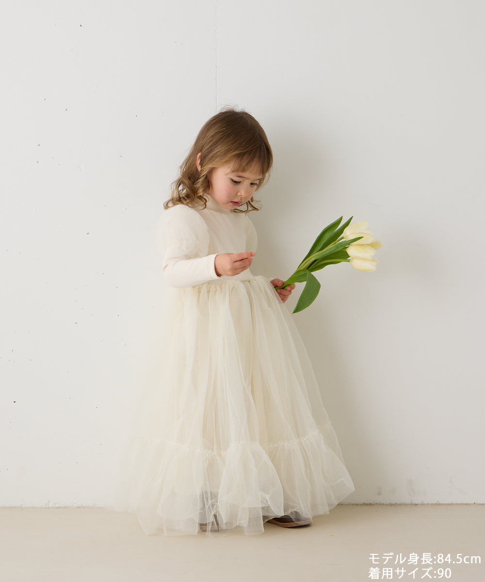 チュールパフスリーブドッキングワンピース