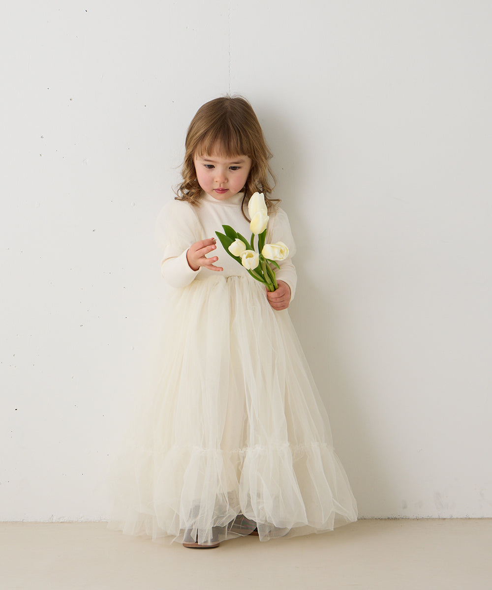 チュールパフスリーブドッキングワンピース