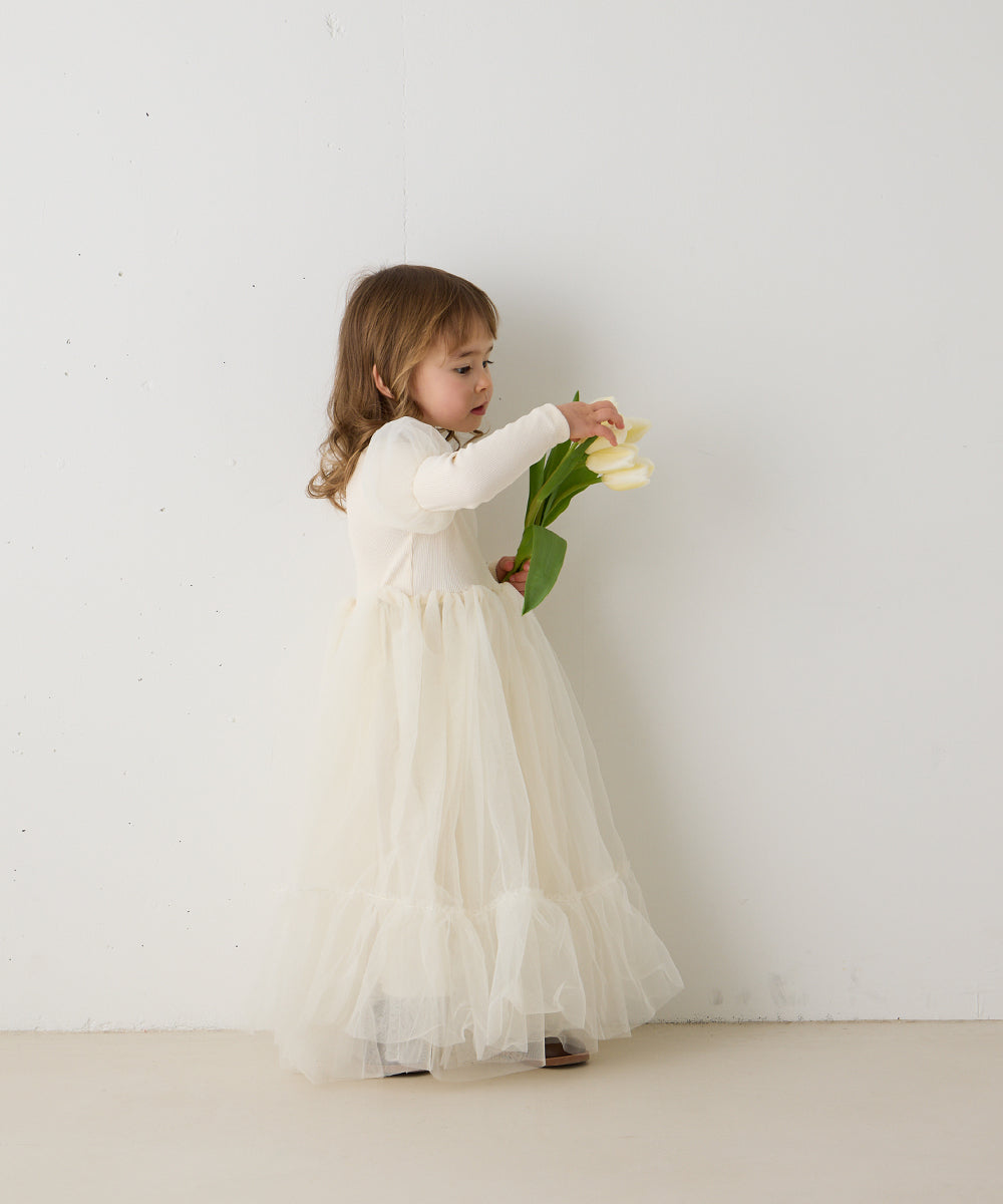 チュールパフスリーブドッキングワンピース