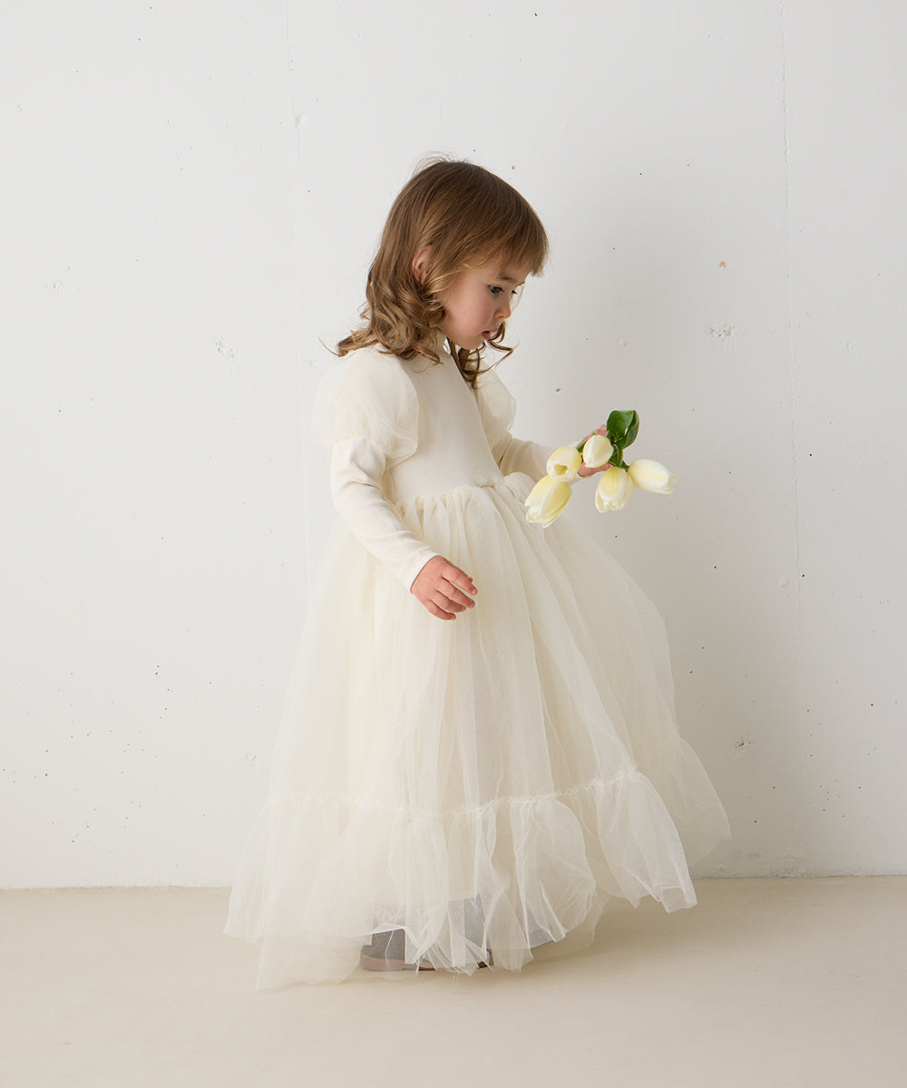 チュールパフスリーブドッキングワンピース