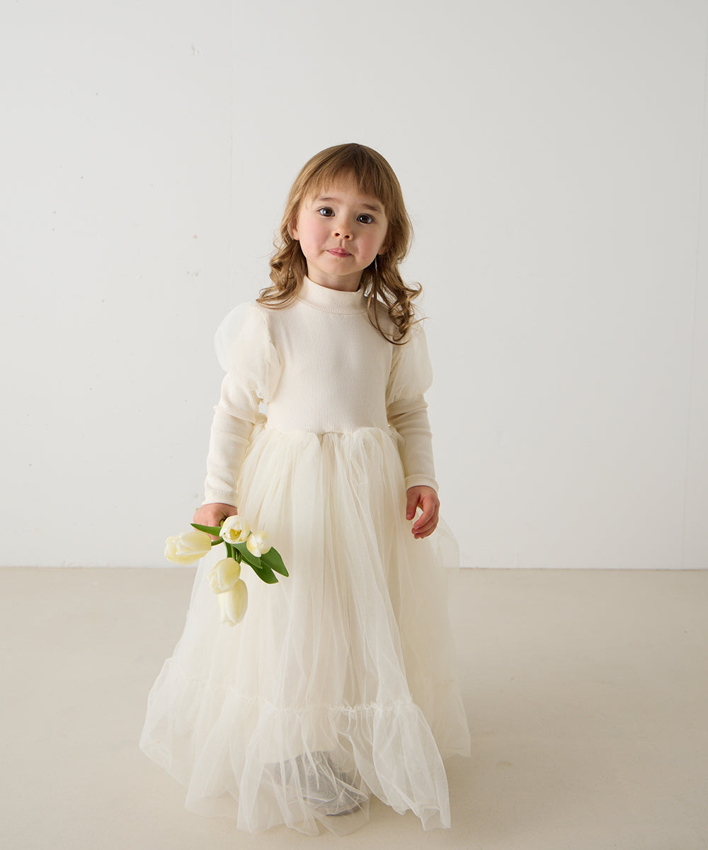 チュールパフスリーブドッキングワンピース