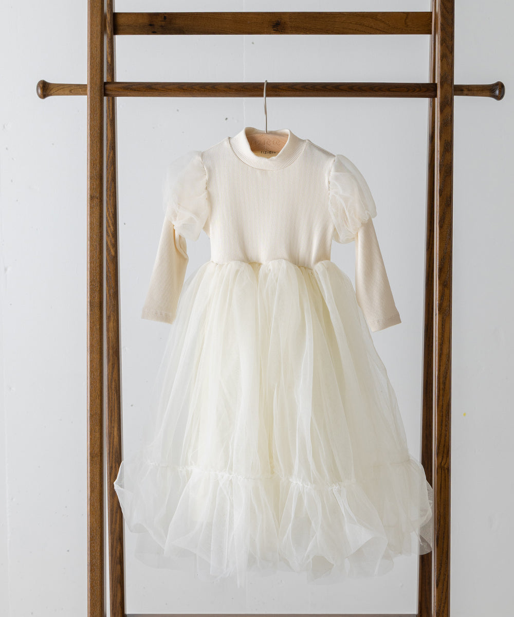 チュールパフスリーブドッキングワンピース