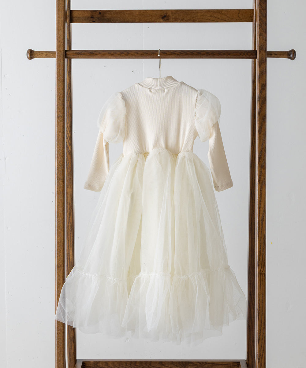 チュールパフスリーブドッキングワンピース