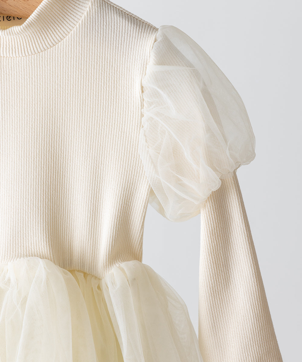 チュールパフスリーブドッキングワンピース