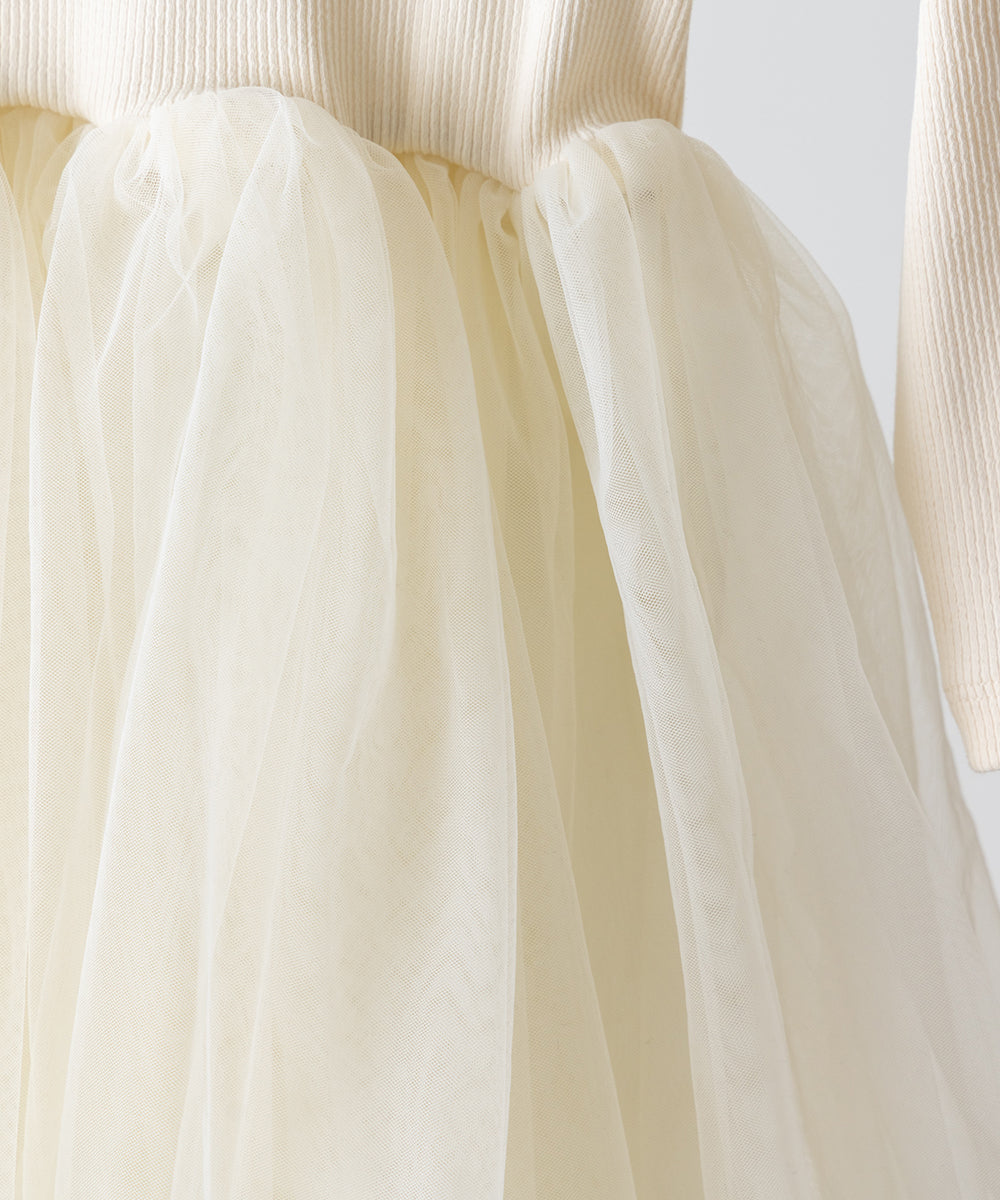 チュールパフスリーブドッキングワンピース