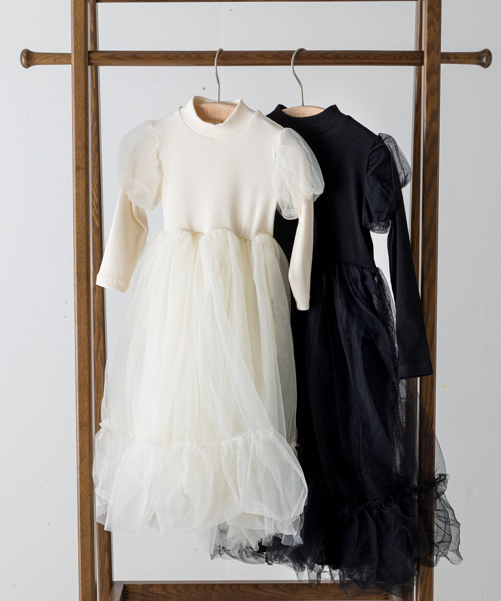 チュールパフスリーブドッキングワンピース