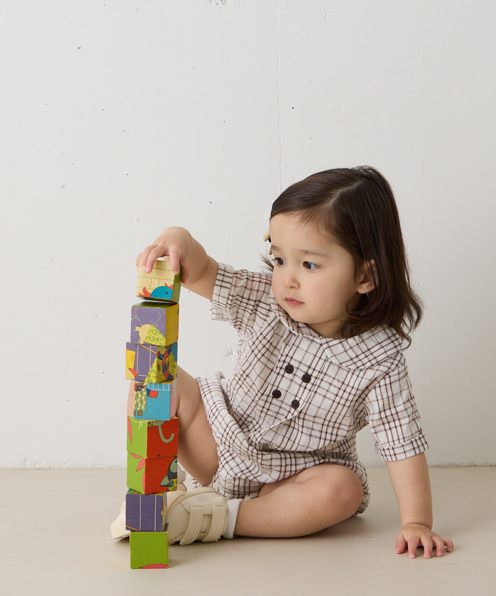 【リンク】ダブルボタンラウンドカラーチェックロンパース