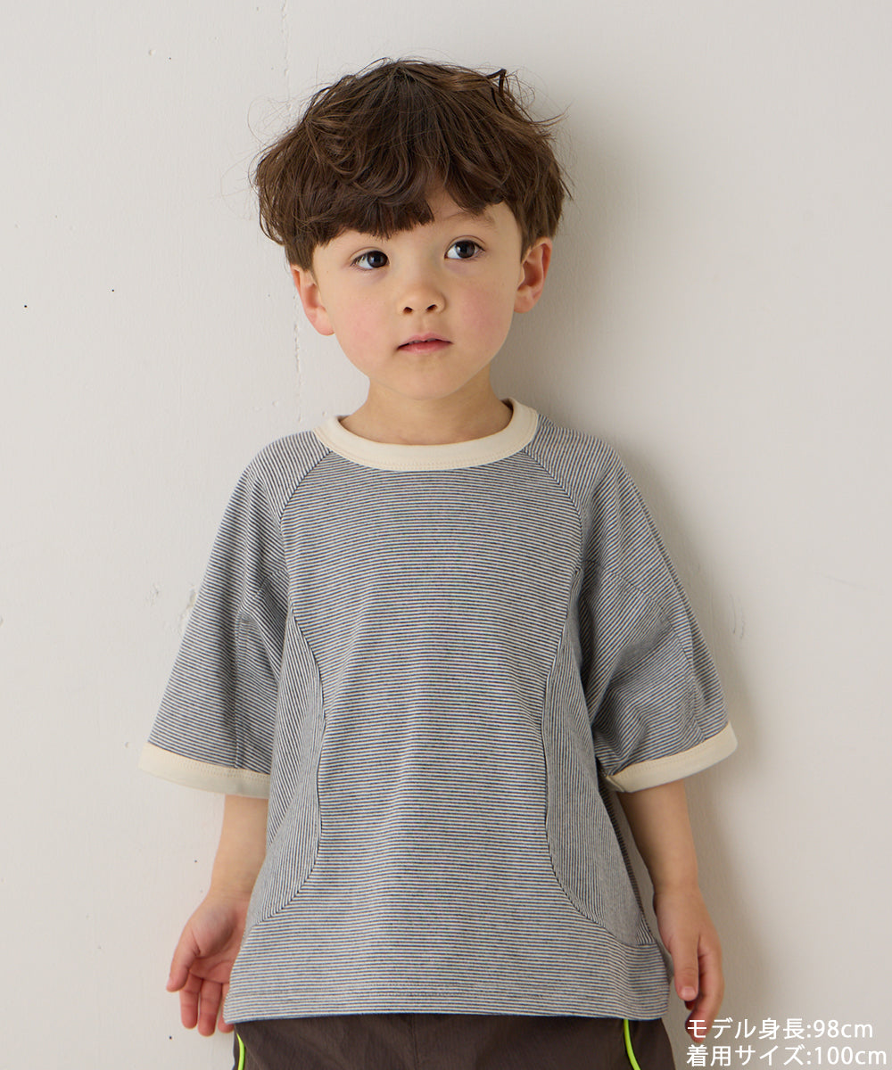 配色リブラグランスリーブ細ボーダーＴシャツ