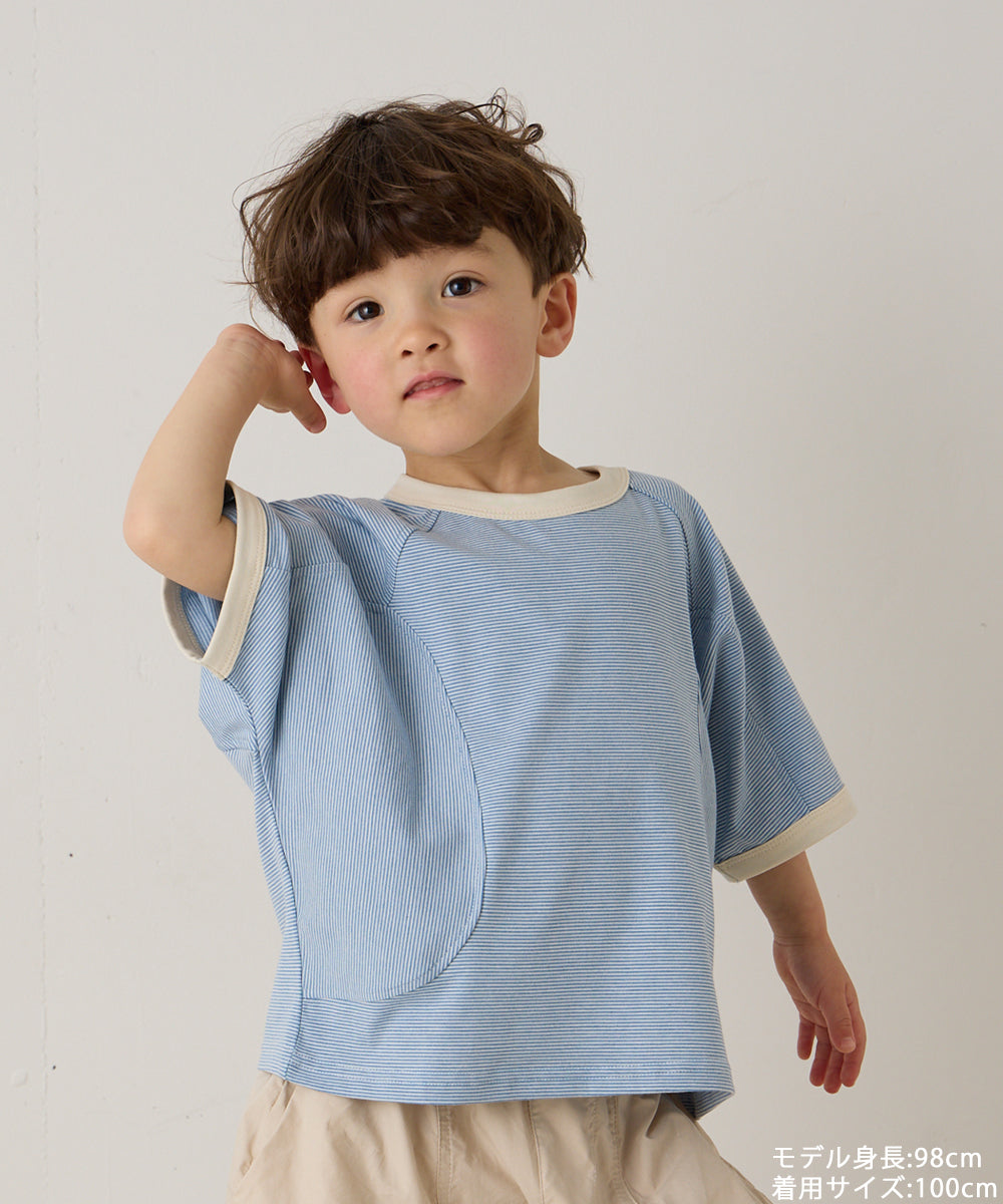 配色リブラグランスリーブ細ボーダーＴシャツ