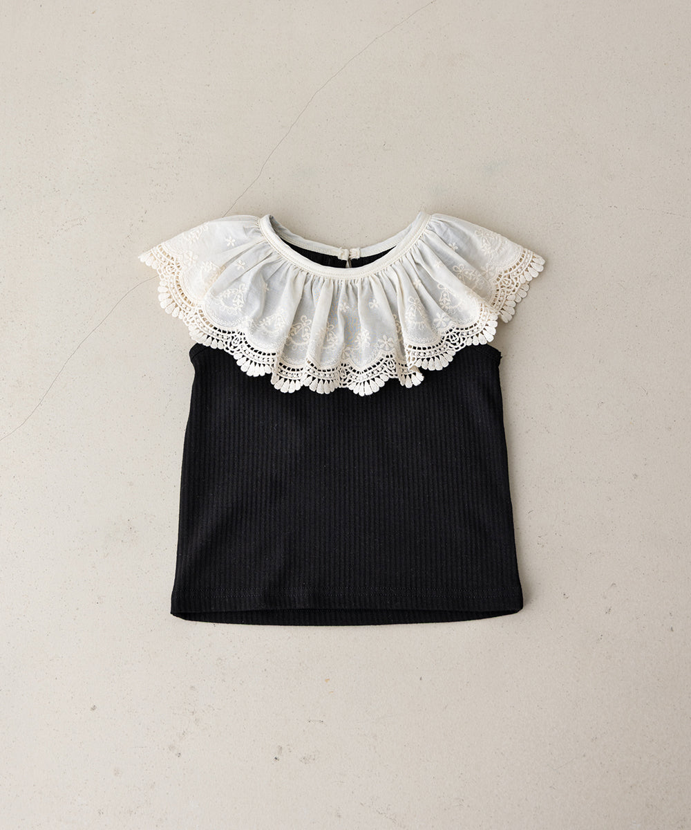 フラワー刺繍レース襟リブタンクトップ