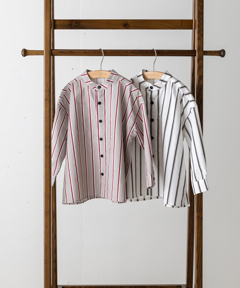 選べる2色コットンバンドカラーストライプシャツ（ボタン取り外し対応）