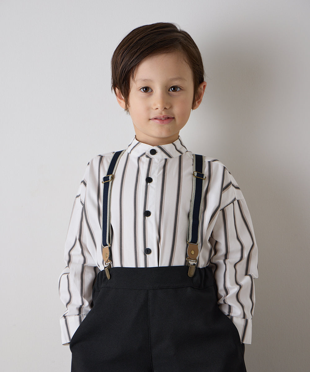 選べる2色コットンバンドカラーストライプシャツ（ボタン取り外し対応）