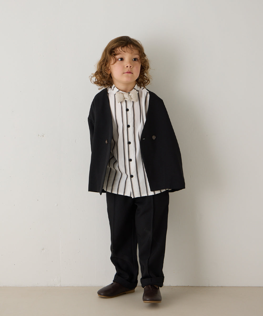 選べる2色コットンバンドカラーストライプシャツ（ボタン取り外し対応）