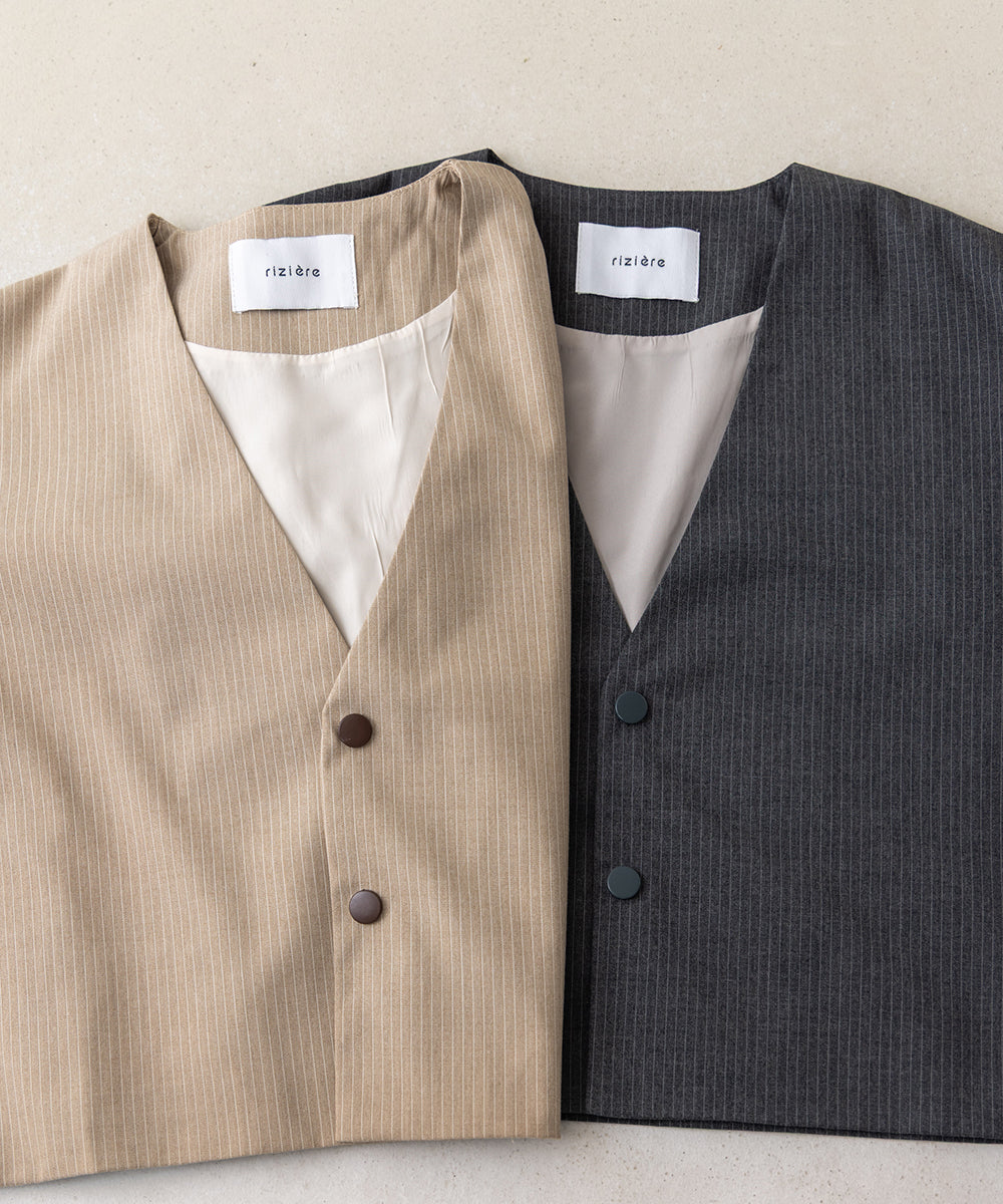 ストライプ柄ノーカラージャケットセットアップ